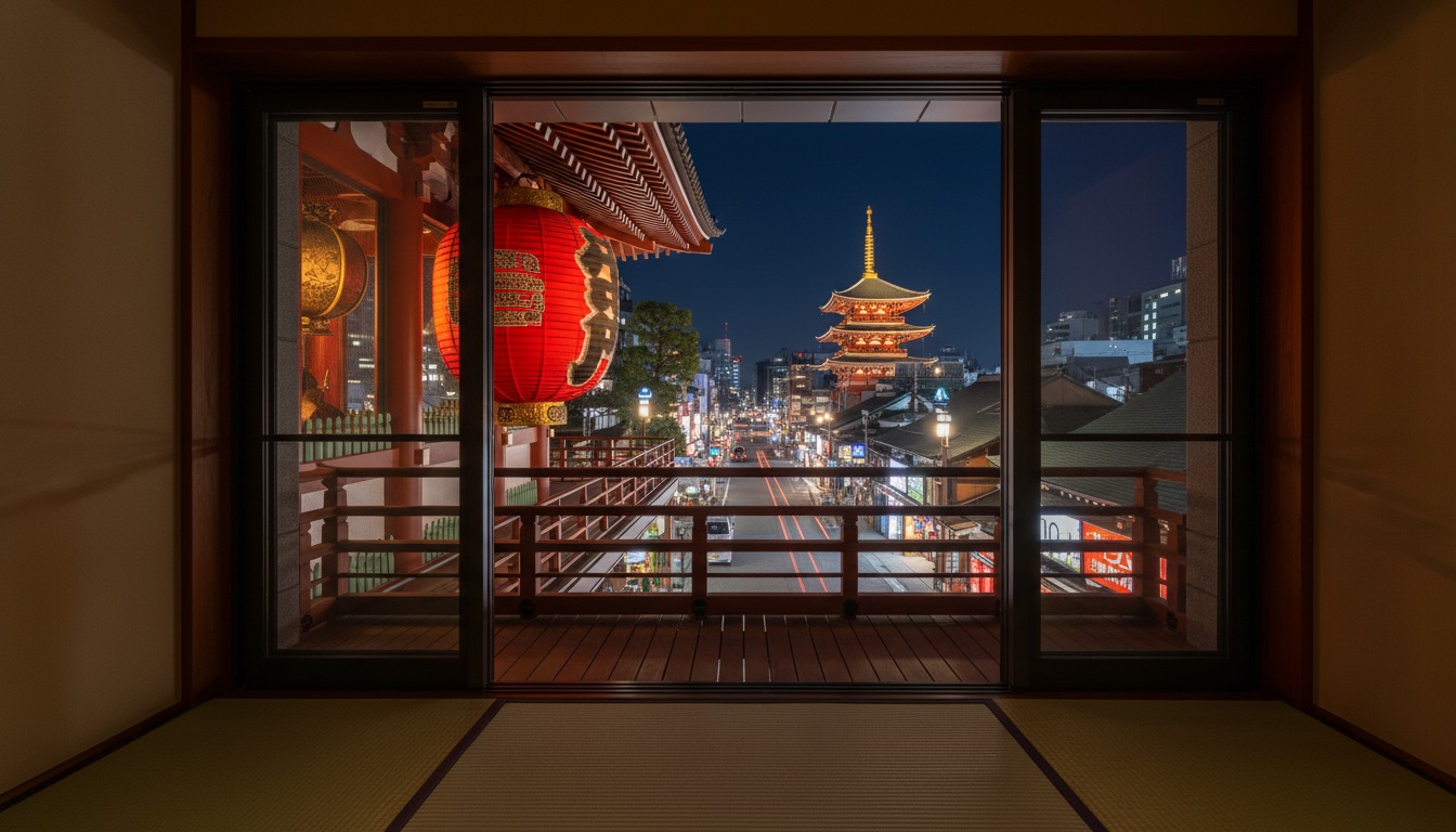 雷門旅館 浅草雷門の真横に佇む和室旅館の外観と夜景
