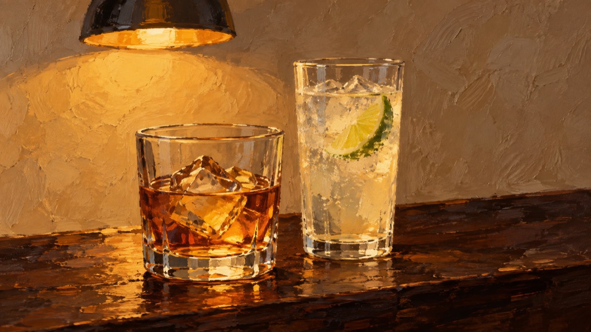 Illustration of two plain drinking glasses on an imagined bar counter