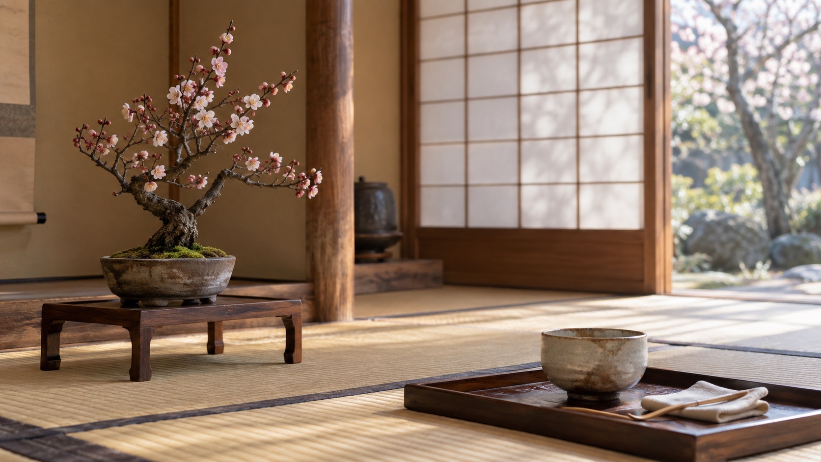 Illustrative plum bonsai and tea bowl in a quiet Japanese room