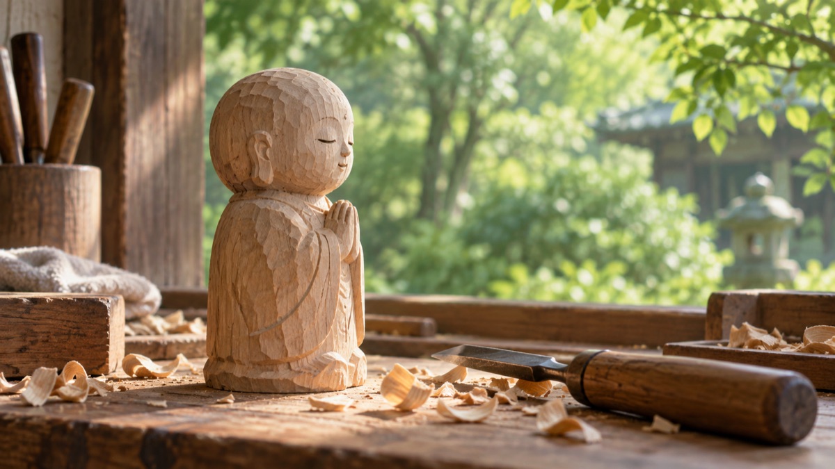 Illustrative unfinished wooden Jizo and carving tools