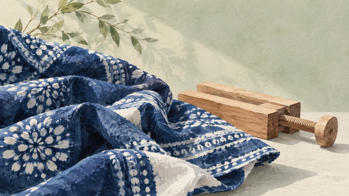 Illustrative indigo cotton cloth and wooden clamp