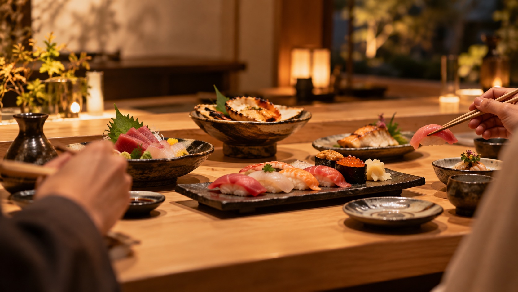 寿司と海鮮を囲む夜の食事時間を表現した体験イメージ