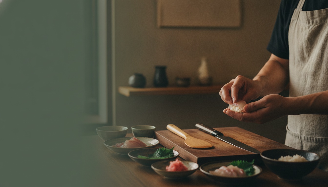Illustrative hands shaping nigiri at a sushi counter
