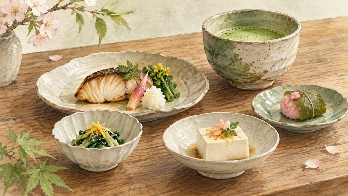 Illustration of small Japanese dishes and a tea bowl on a wooden table