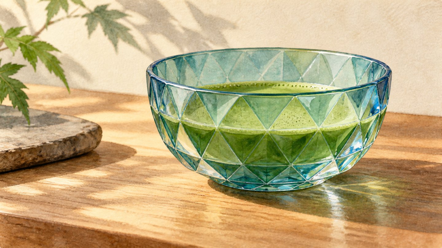 Illustration of a blue-green faceted glass matcha bowl
