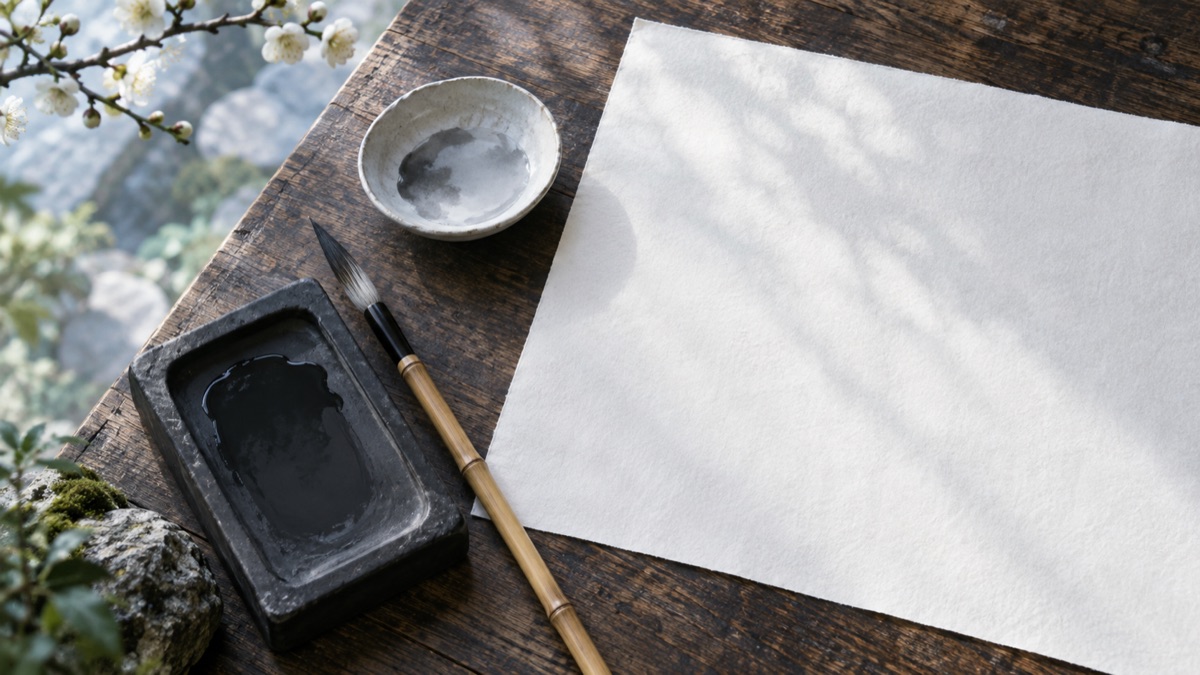 Illustrative inkstone, brush and blank washi paper