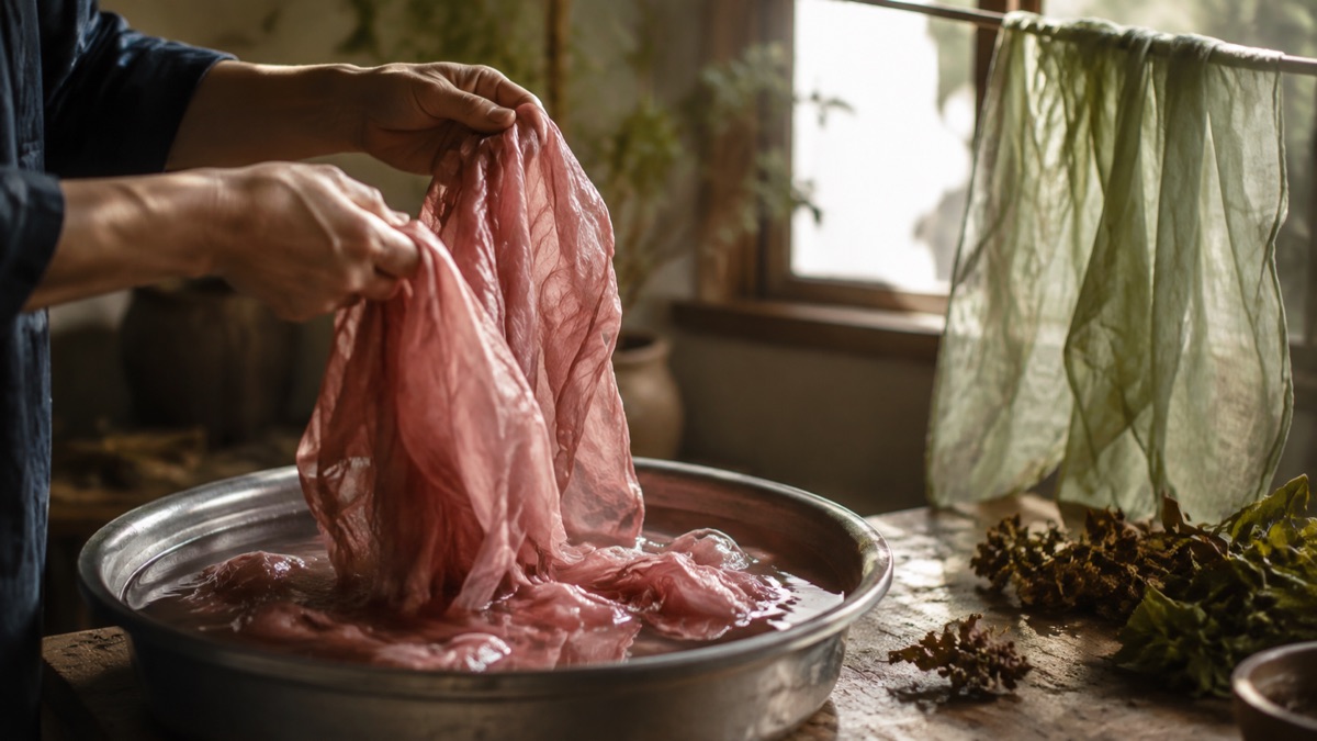 Illustrative hands lifting dyed silk from a basin