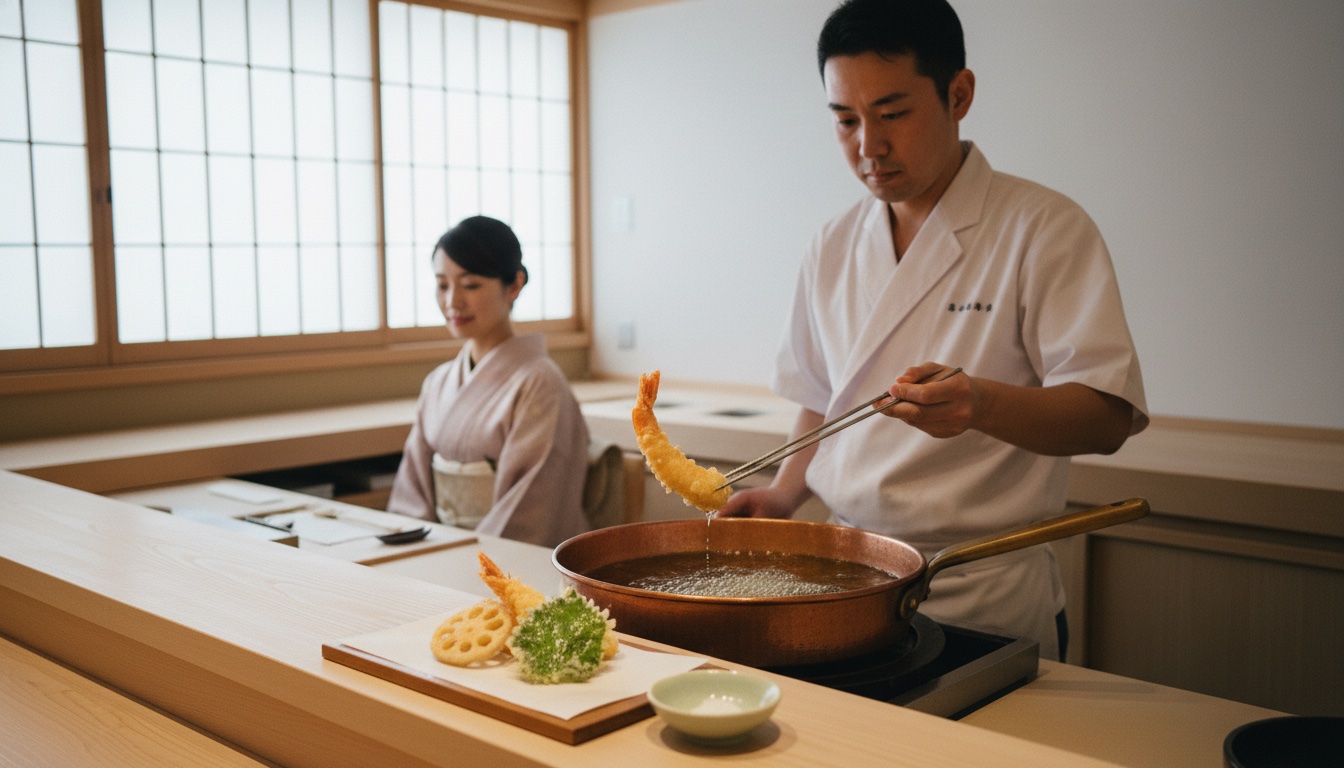 天ぷら 浅沼 江戸前の薄衣天ぷらと杉カウンター
